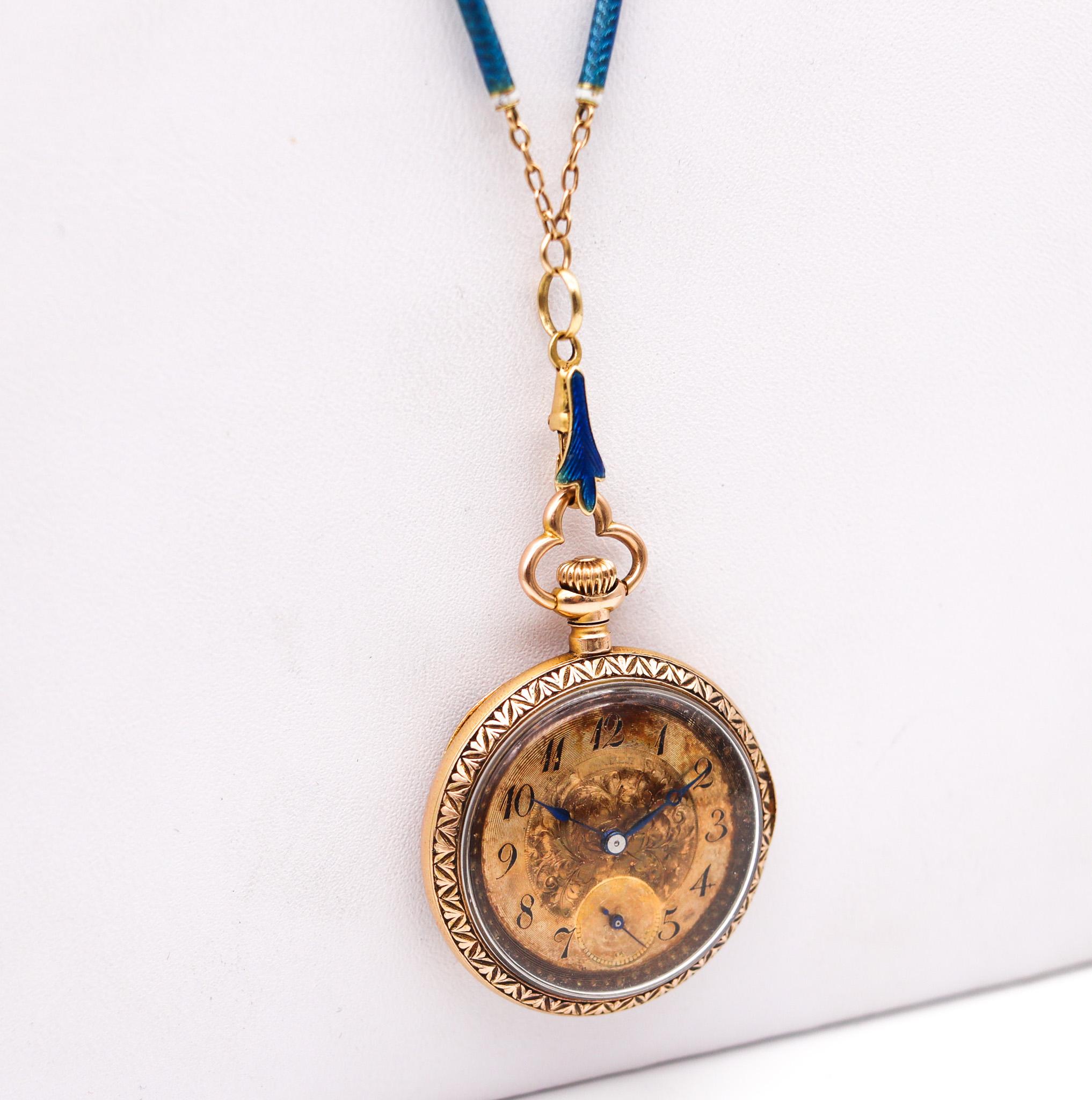 Edwardian Gruen pocket-watch pendant chain in guilloche.

Gorgeous long necklace with an open face pocket-watch, created in Geneva Switzerland during the Edwardian period, back in the 1900's. The movement is Swiss signed for the Gruen Watch Co. and