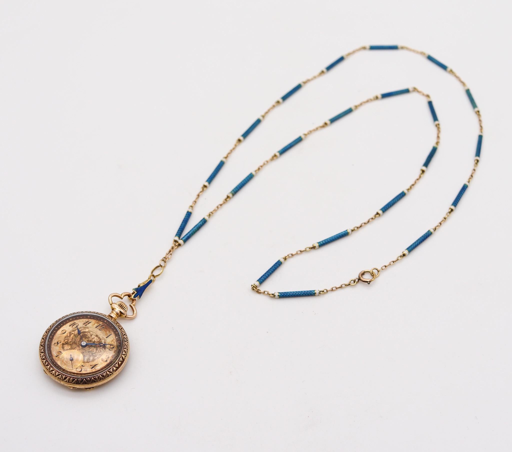 Edwardian 1903 Swiss Necklace Watch In 14Kt Gold With Guilloché Blue Enamel In Excellent Condition For Sale In Miami, FL