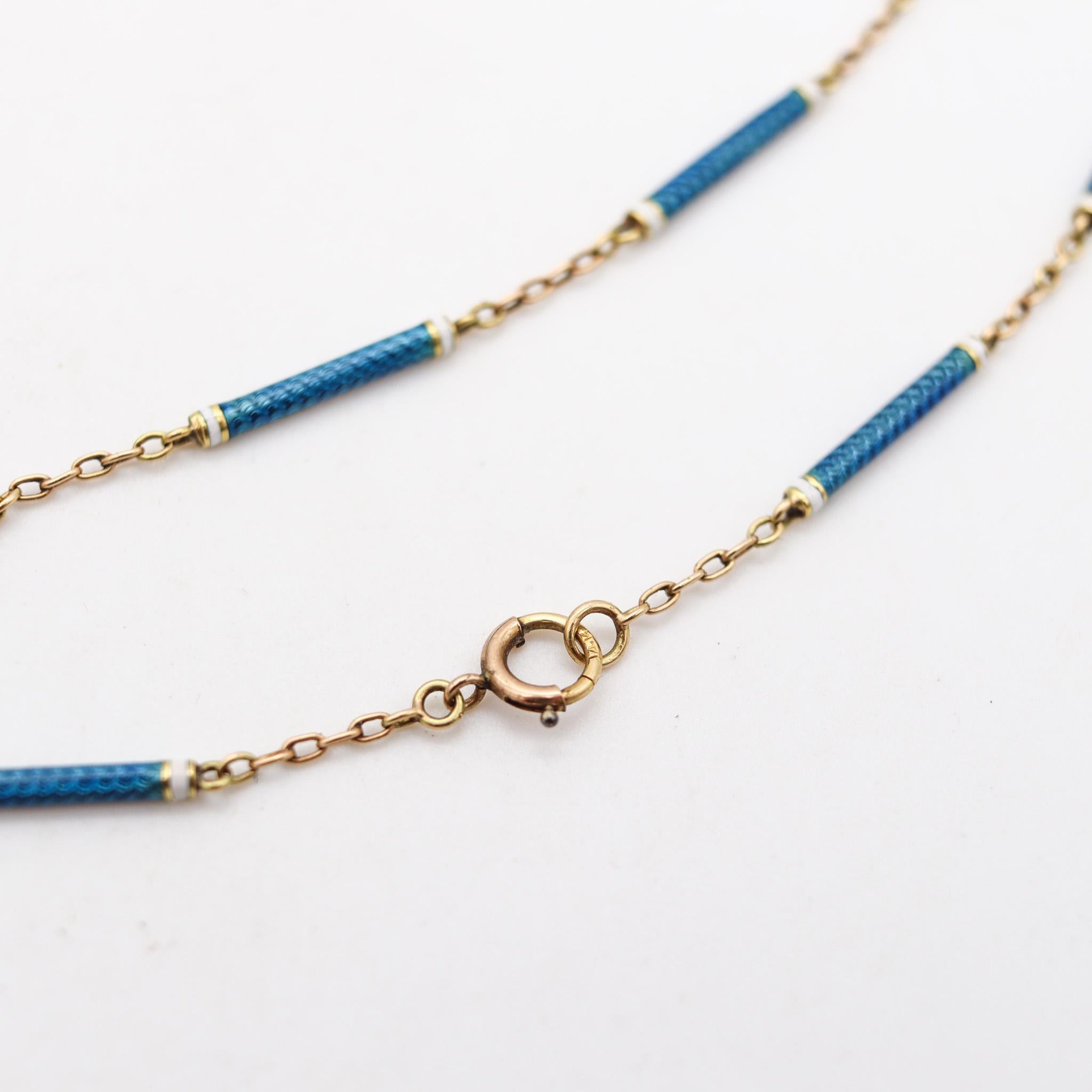 Women's Edwardian 1903 Swiss Necklace Watch In 14Kt Gold With Guilloché Blue Enamel For Sale