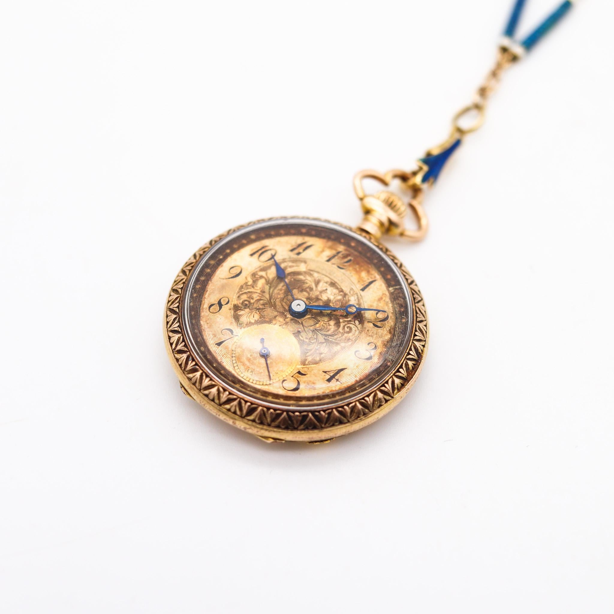 Edwardian 1903 Swiss Necklace Watch In 14Kt Gold With Guilloché Blue Enamel For Sale 1