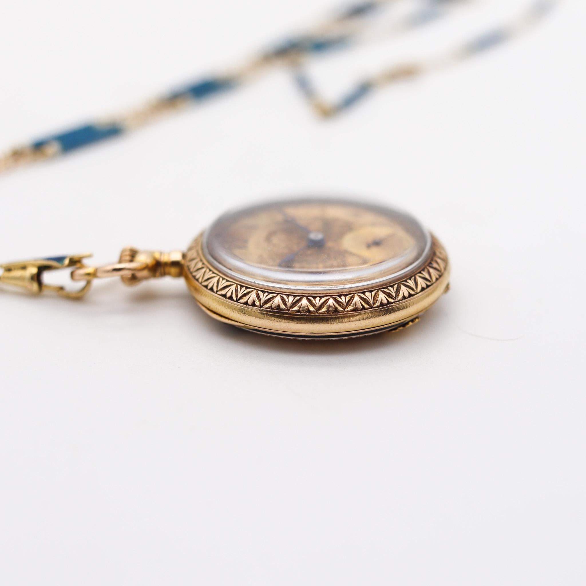 Edwardian 1903 Swiss Necklace Watch In 14Kt Gold With Guilloché Blue Enamel For Sale 2