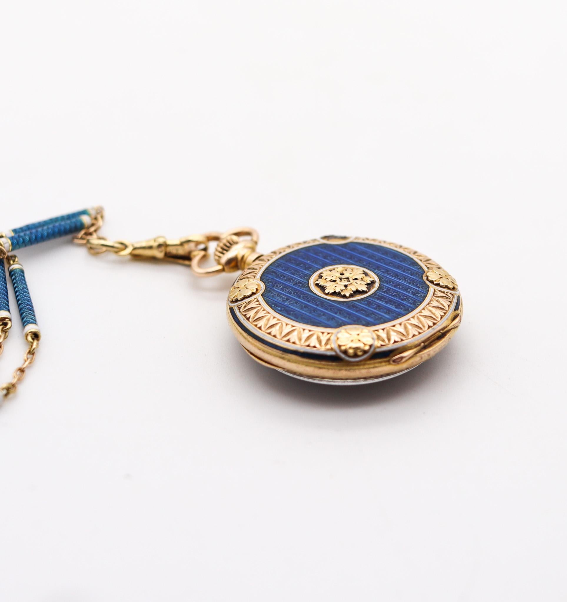 Edwardian 1903 Swiss Necklace Watch In 14Kt Gold With Guilloché Blue Enamel For Sale 3