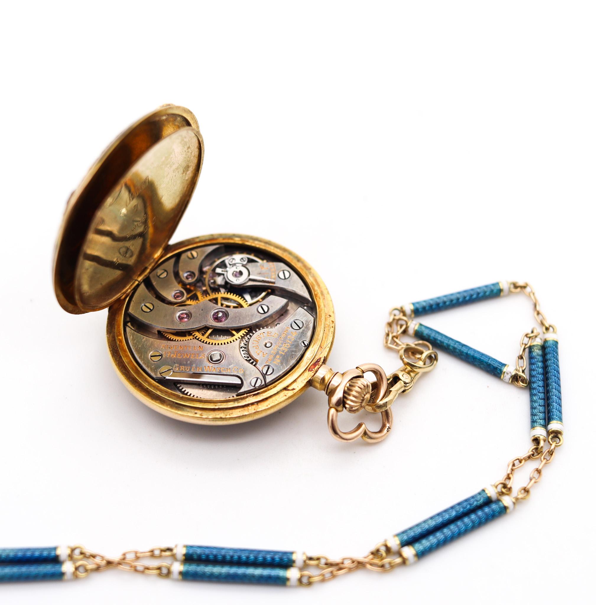 Edwardian 1903 Swiss Necklace Watch In 14Kt Gold With Guilloché Blue Enamel For Sale 5
