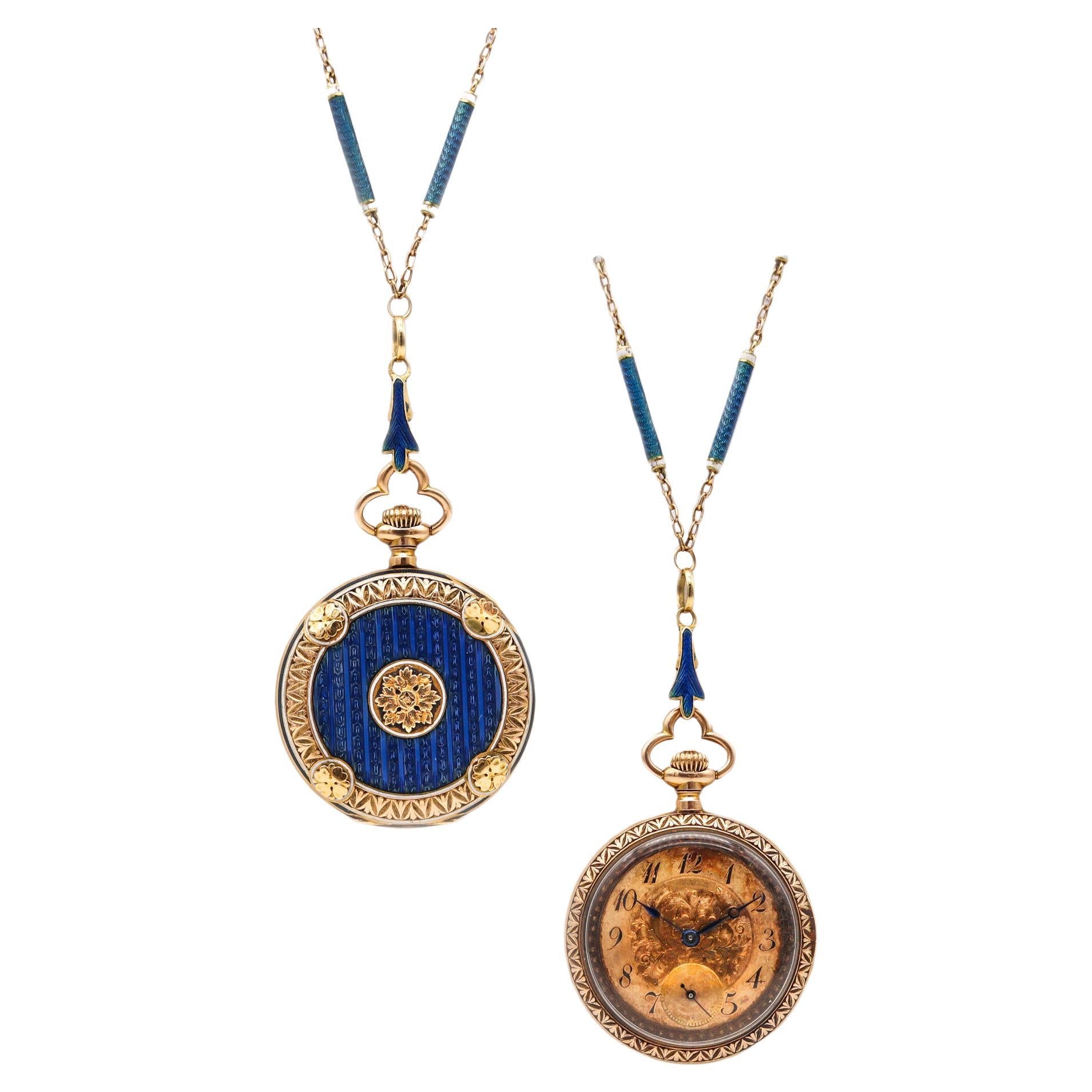 Edwardian 1903 Swiss Necklace Watch In 14Kt Gold With Guilloché Blue Enamel For Sale