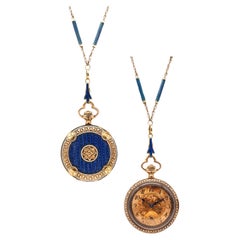 Antique Edwardian 1903 Swiss Necklace Watch In 14Kt Gold With Guilloché Blue Enamel