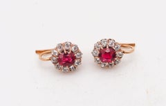 Edwardian 1905 Antique French Earrings 18Kt Gold With 3.54 Ctw Diamonds & Rubies