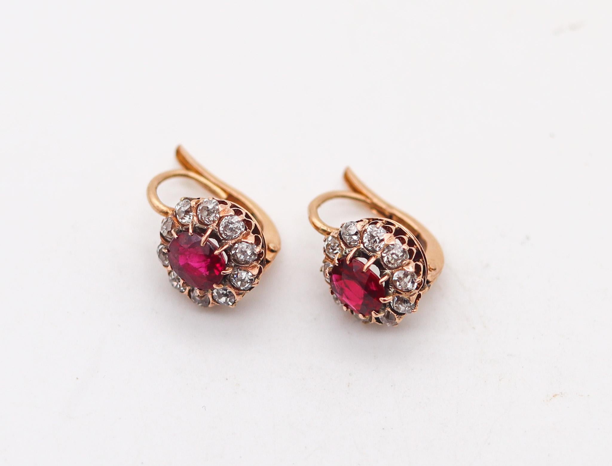 Old European Cut Edwardian 1905 Antique French Earrings 18Kt Gold With 3.54 Ctw Diamonds & Rubies For Sale