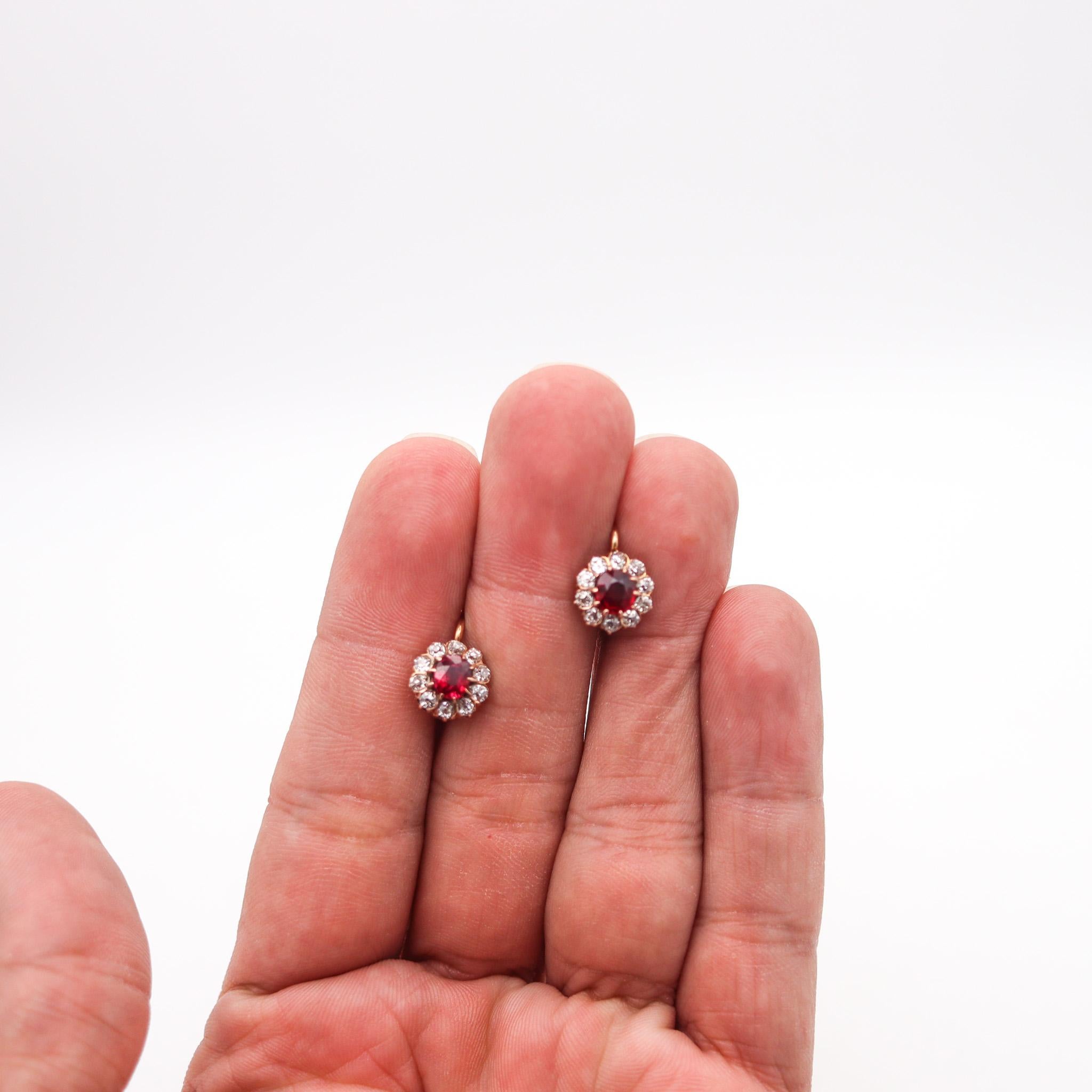Edwardian 1905 Antique French Earrings 18Kt Gold With 3.54 Ctw Diamonds & Rubies In Excellent Condition In Miami, FL