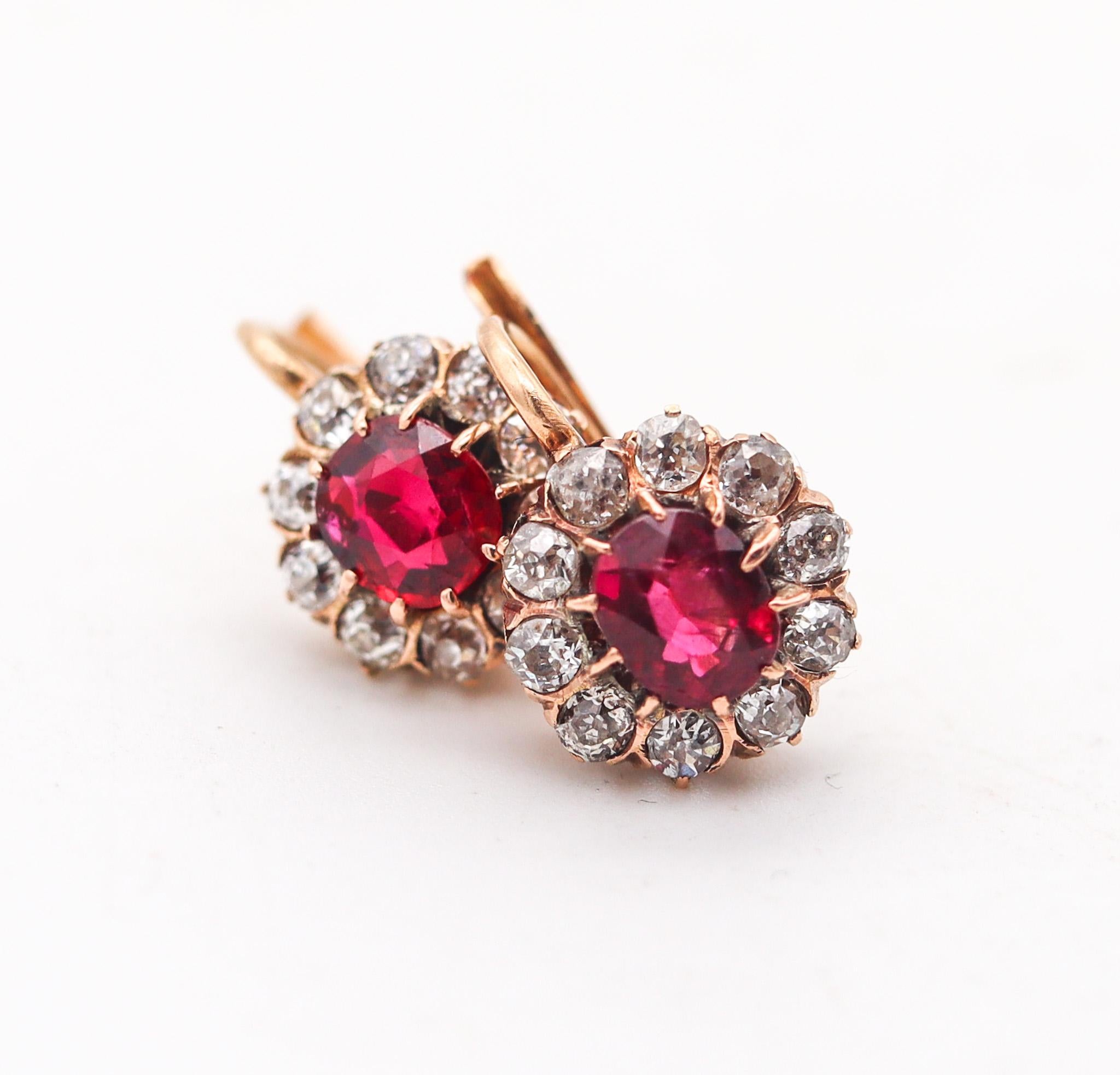 Women's Edwardian 1905 Antique French Earrings 18Kt Gold With 3.54 Ctw Diamonds & Rubies For Sale
