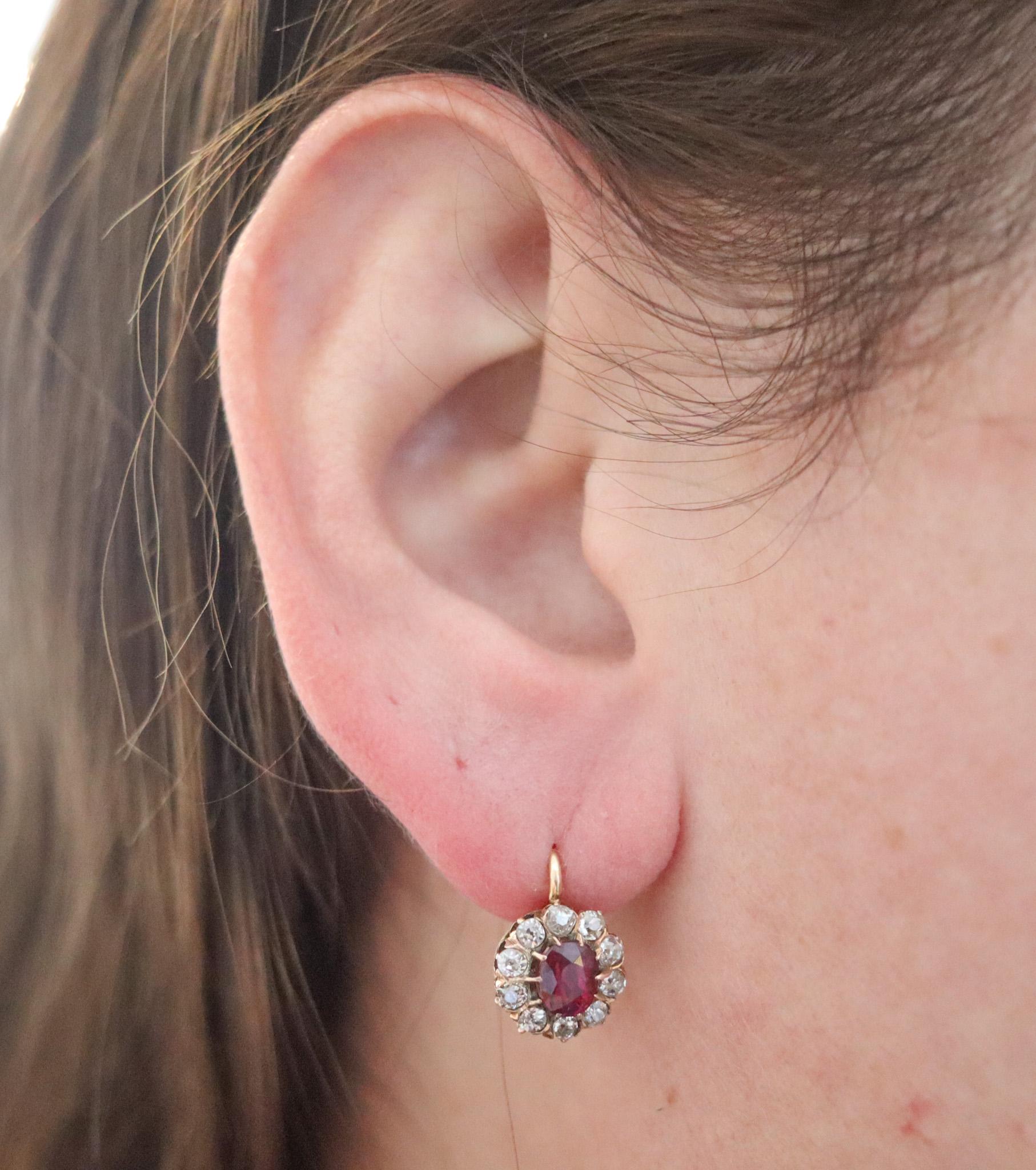 Edwardian 1905 Antique French Earrings 18Kt Gold With 3.54 Ctw Diamonds & Rubies For Sale 1