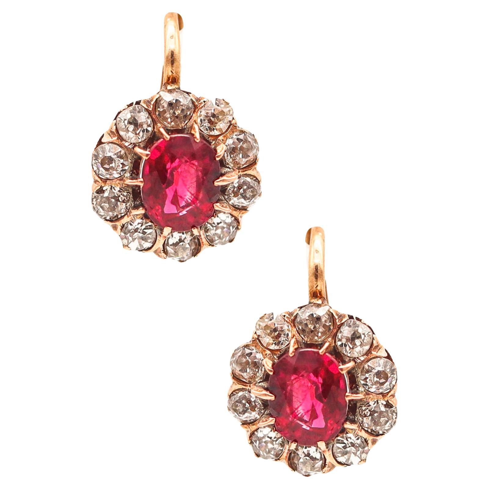 Edwardian 1905 Antique French Earrings 18Kt Gold With 3.54 Ctw Diamonds & Rubies