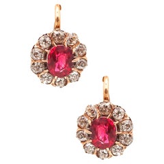 Edwardian 1905 Antique French Earrings 18Kt Gold With 3.54 Ctw Diamonds & Rubies