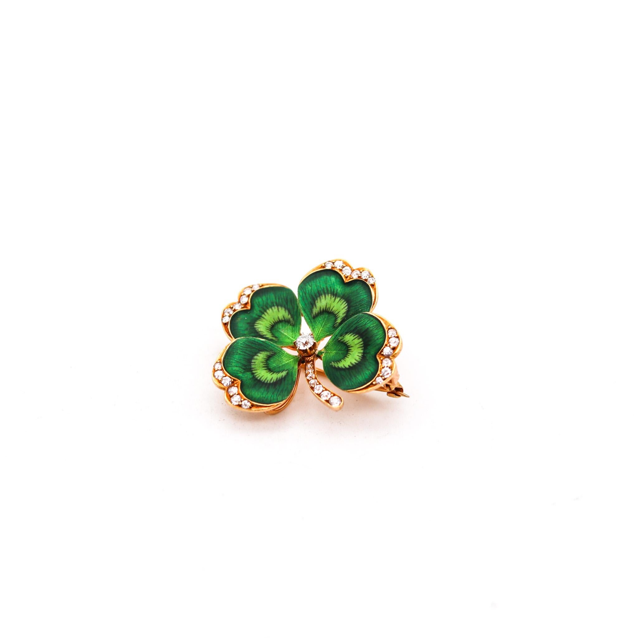 Edwardian enamelled four-leaf Clover convertible brooch.

An extremely beautiful piece, created in America during the Edwardian and the Art Nouveau periods, back in the 1900-1910. This outstanding multi purpose pendant-brooch has been carefully