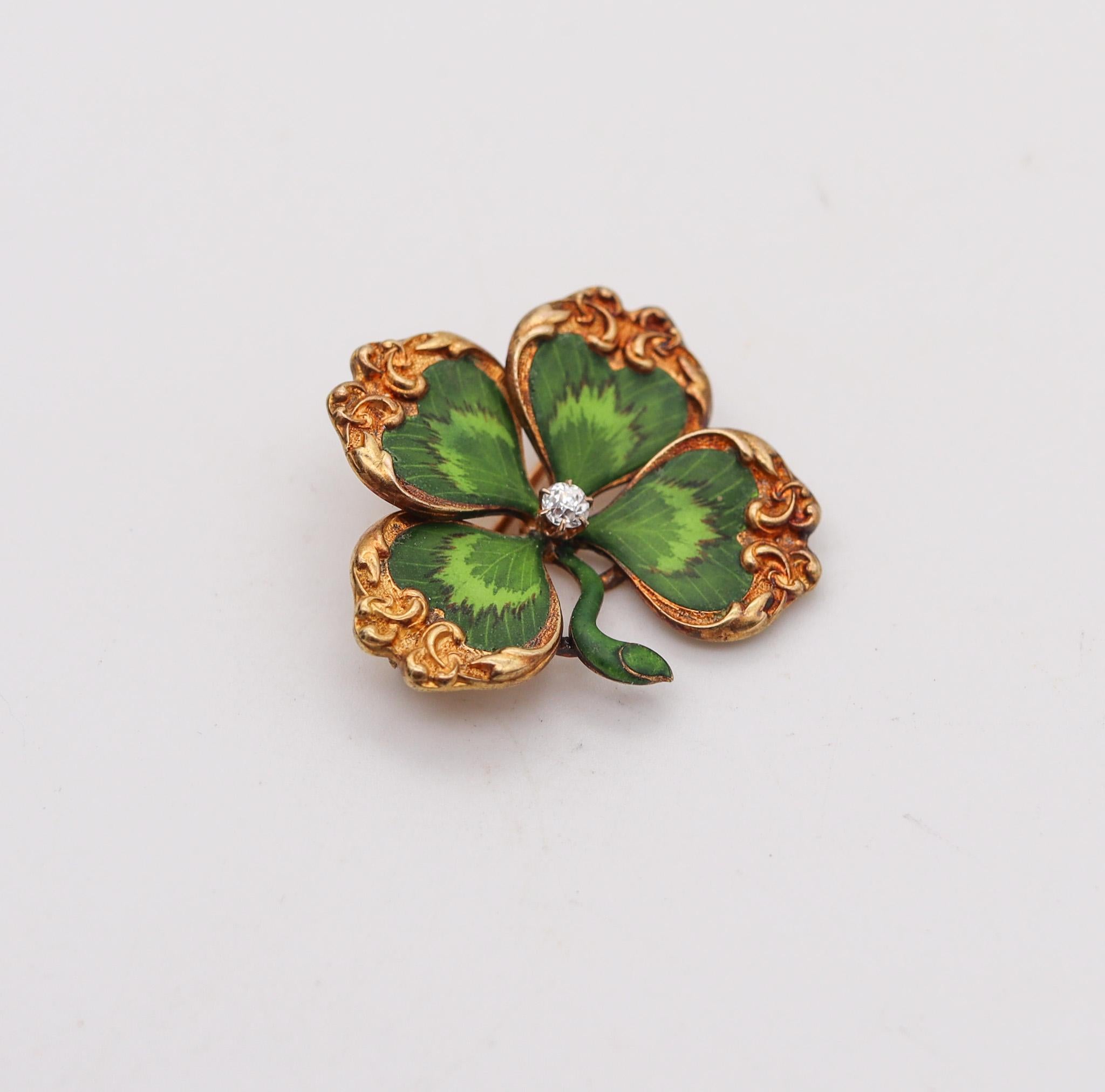 Edwardian enamel four-leaf Clover brooch.

A beautiful piece, created in America during the Edwardian and the Art Nouveau periods, around the 1905. This outstanding little brooch has been carefully crafted in the shape of a four-leaves clover in