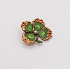 Edwardian 1905 Art Nouveau Enamel Clover Pendant Brooch In 14Kt Gold And Diamond