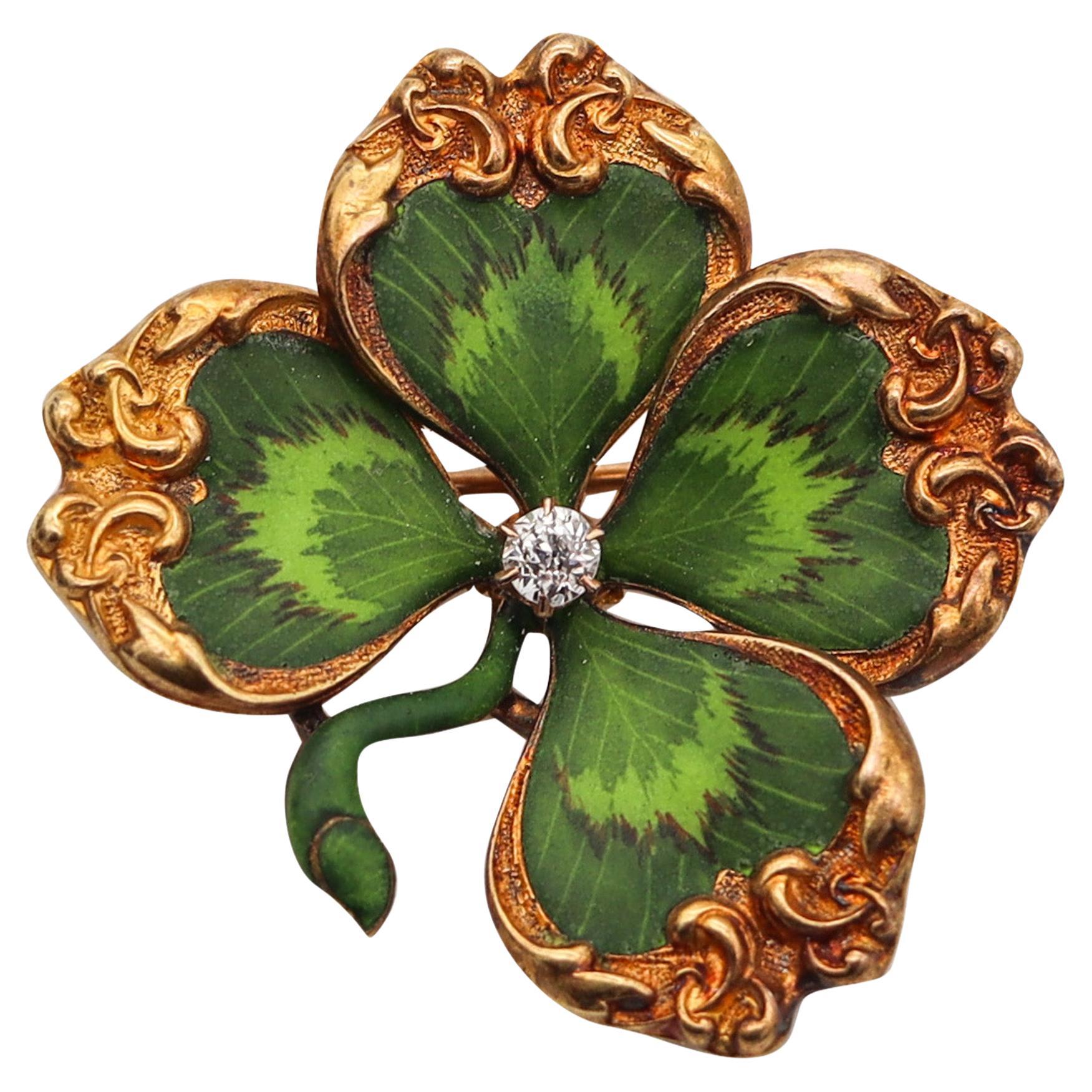 Edwardian 1905 Art Nouveau Enamel Clover Pendant Brooch In 14Kt Gold And Diamond For Sale