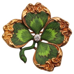 Edwardian 1905 Art Nouveau Enamel Clover Pendant Brooch In 14Kt Gold And Diamond