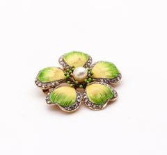 Jugendstil Emaille-Blumenanhänger-Brosche 14Kt Gold mit Diamanten, Edwardian 1905