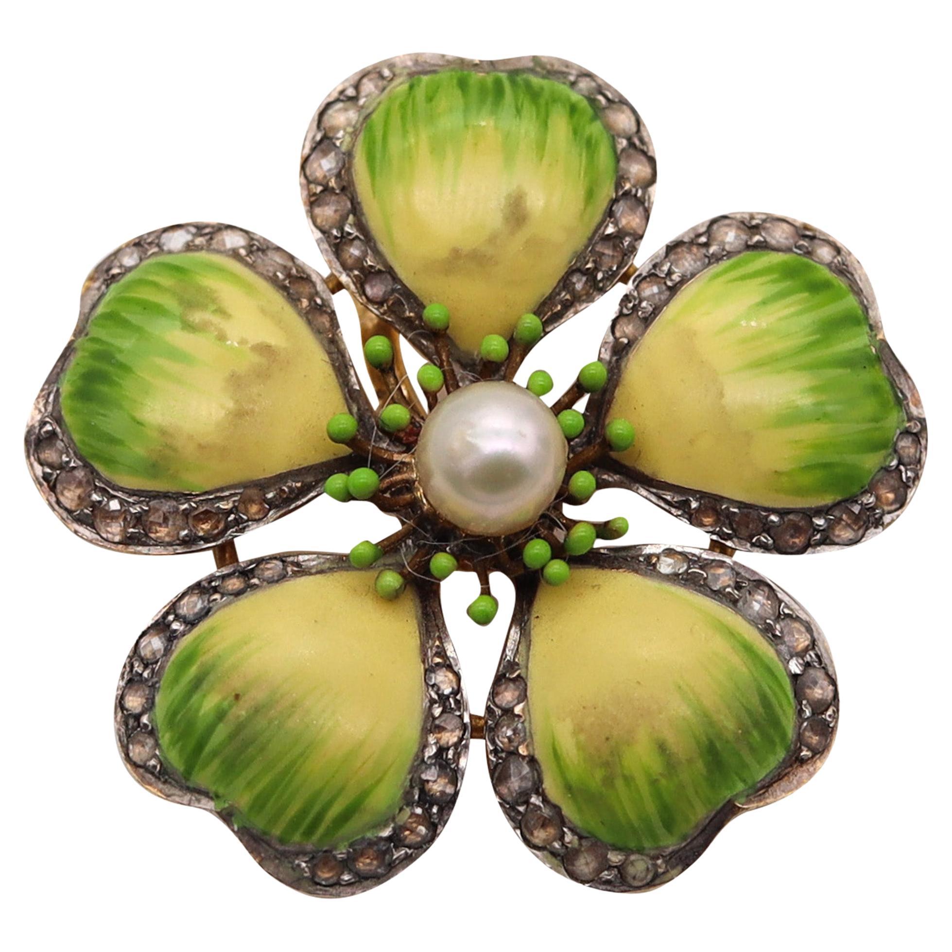 Edwardian 1905 Art Nouveau Enamel Flower Pendant Brooch 14kt Gold with Diamonds For Sale