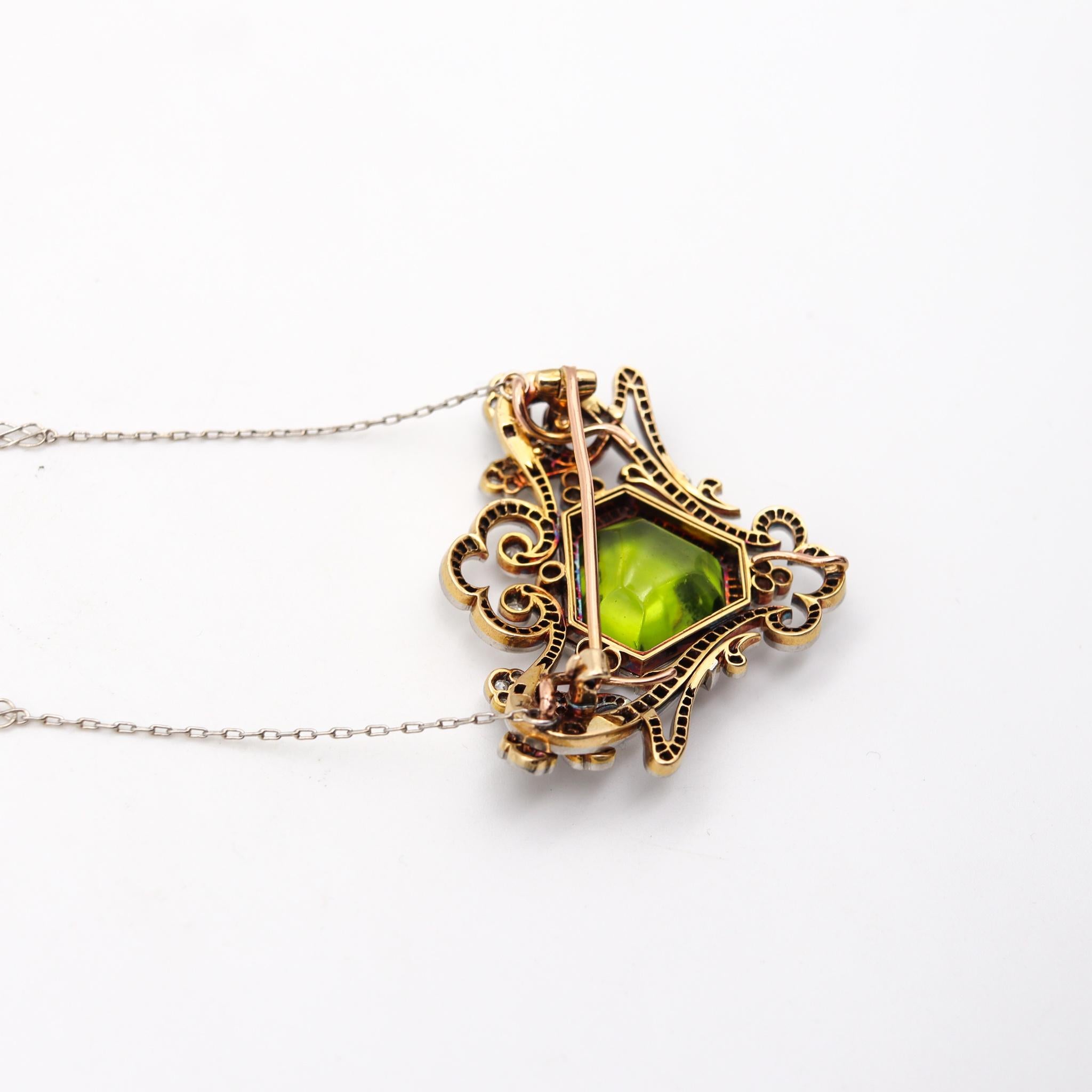 Women's Edwardian 1905 Art Nouveau Necklace Platinum 18Kt Gold 15.12 Ctw Peridot Diamond For Sale