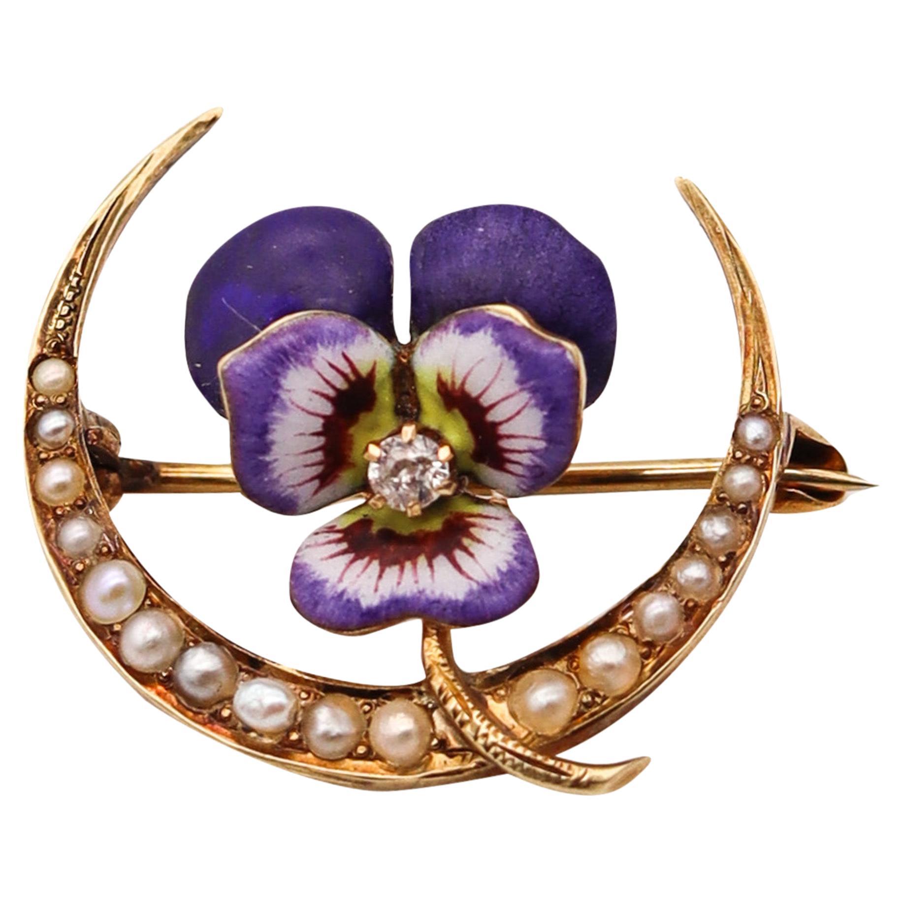 Edwardian 1905 Art Nouveau Pansy Enamel Pin Brooch In 14Kt Gold & Natural Pearls
