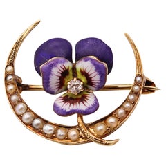 Edwardian 1905 Art Nouveau Pansy Enamel Pin Brooch In 14Kt Gold & Natural Pearls