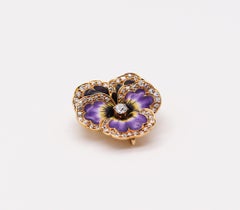 Edwardian 1905 Art Nouveau Pansy Flower Enamel Pendant Brooch 18Kt Gold Diamonds