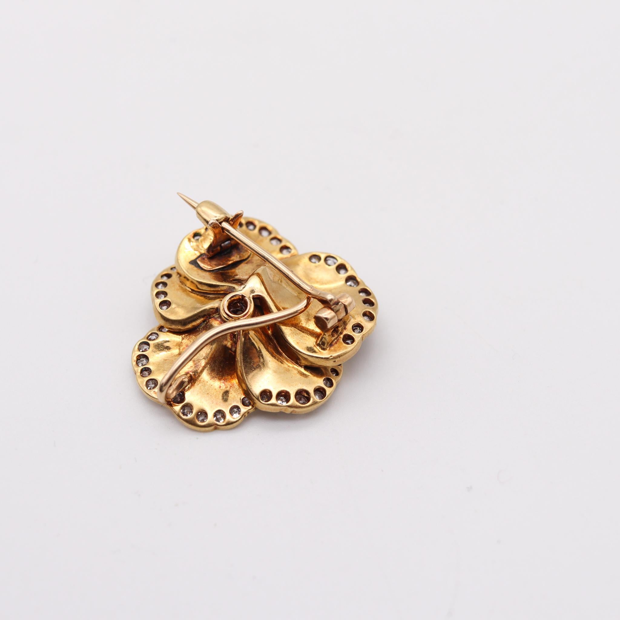 Edwardian 1905 Art Nouveau Stiefmütterchen Blume Emaille Anhänger Brosche 18Kt Gold Diamanten im Zustand „Hervorragend“ in Miami, FL