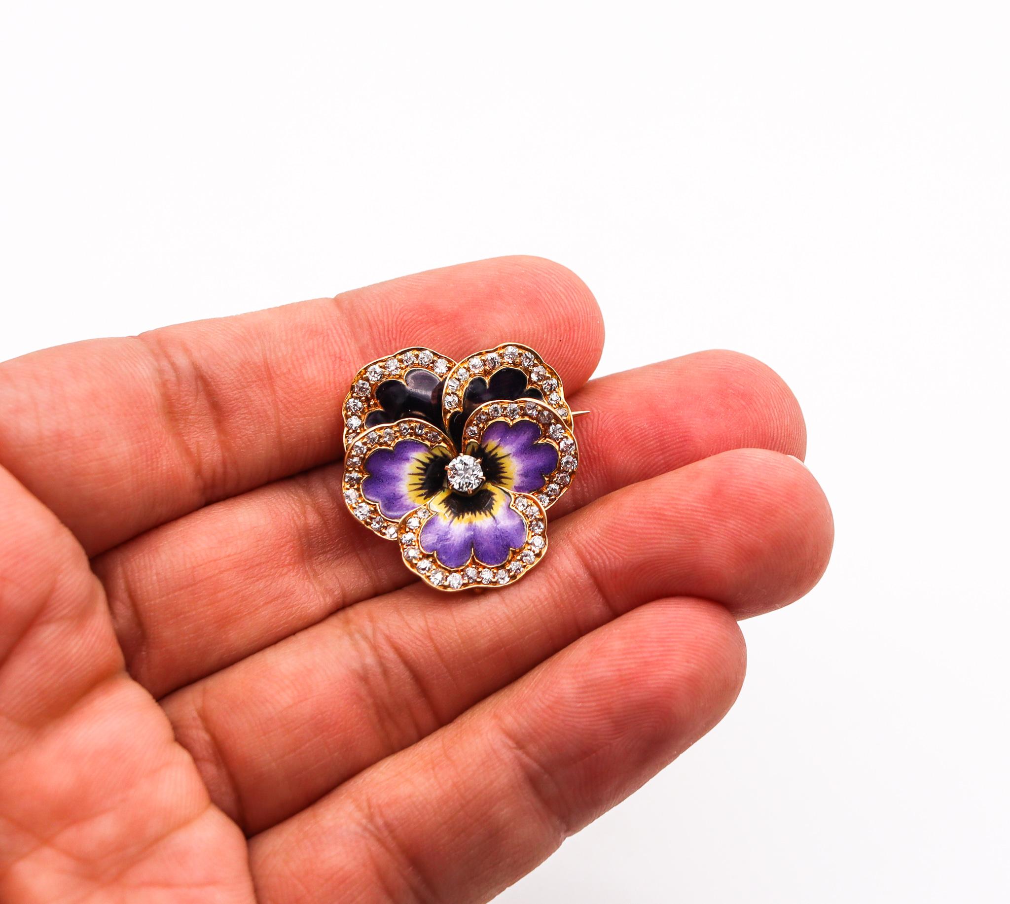 Edwardian 1905 Art Nouveau Stiefmütterchen Blume Emaille Anhänger Brosche 18Kt Gold Diamanten Damen