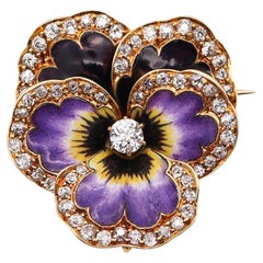 Edwardian 1905 Art Nouveau Pansy Flower Enamel Pendant Brooch 18Kt Gold Diamonds