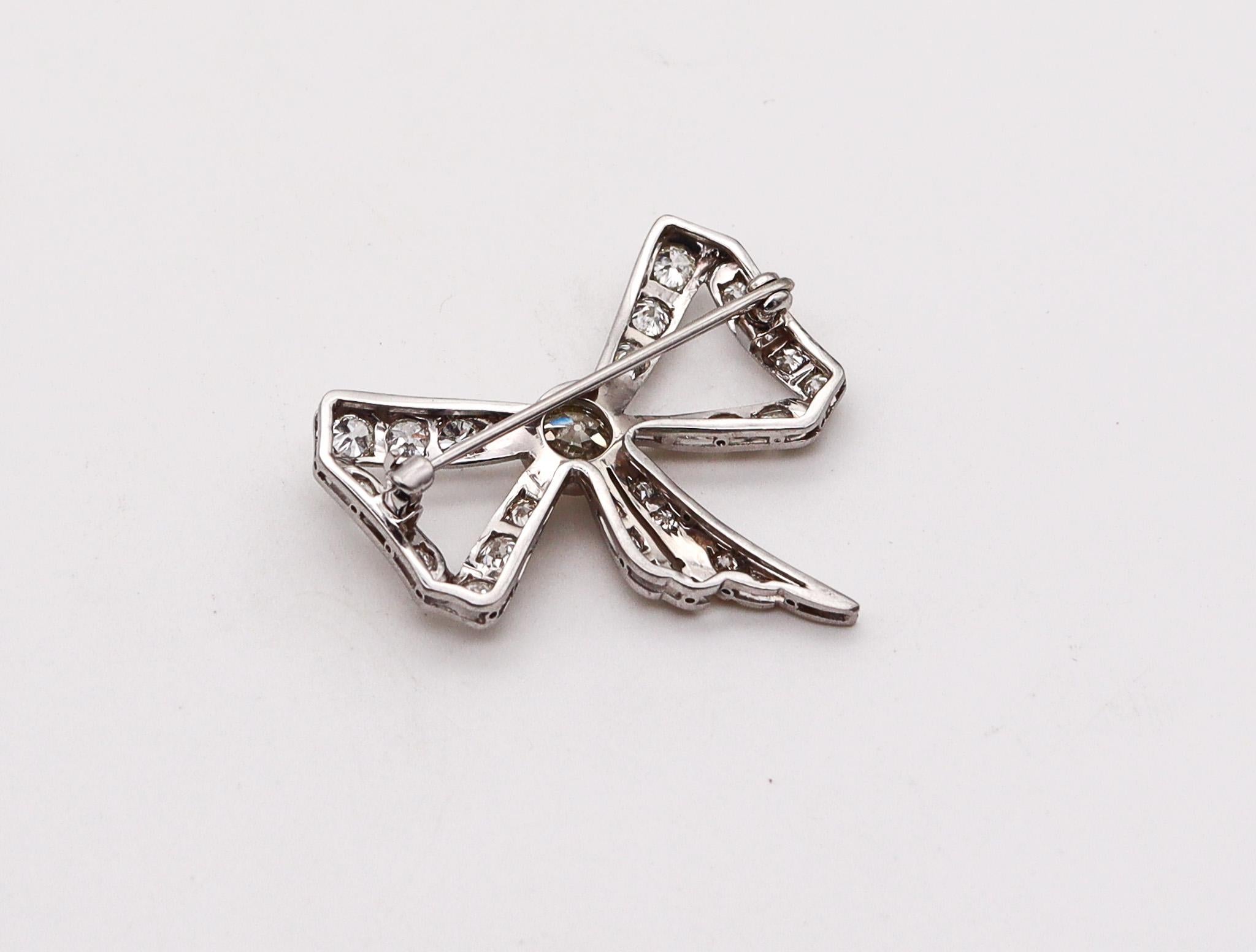 Old European Cut Edwardian 1905 Belle Epoque Bow Brooch in Platinum with 3.35 Ctw in Diamonds For Sale