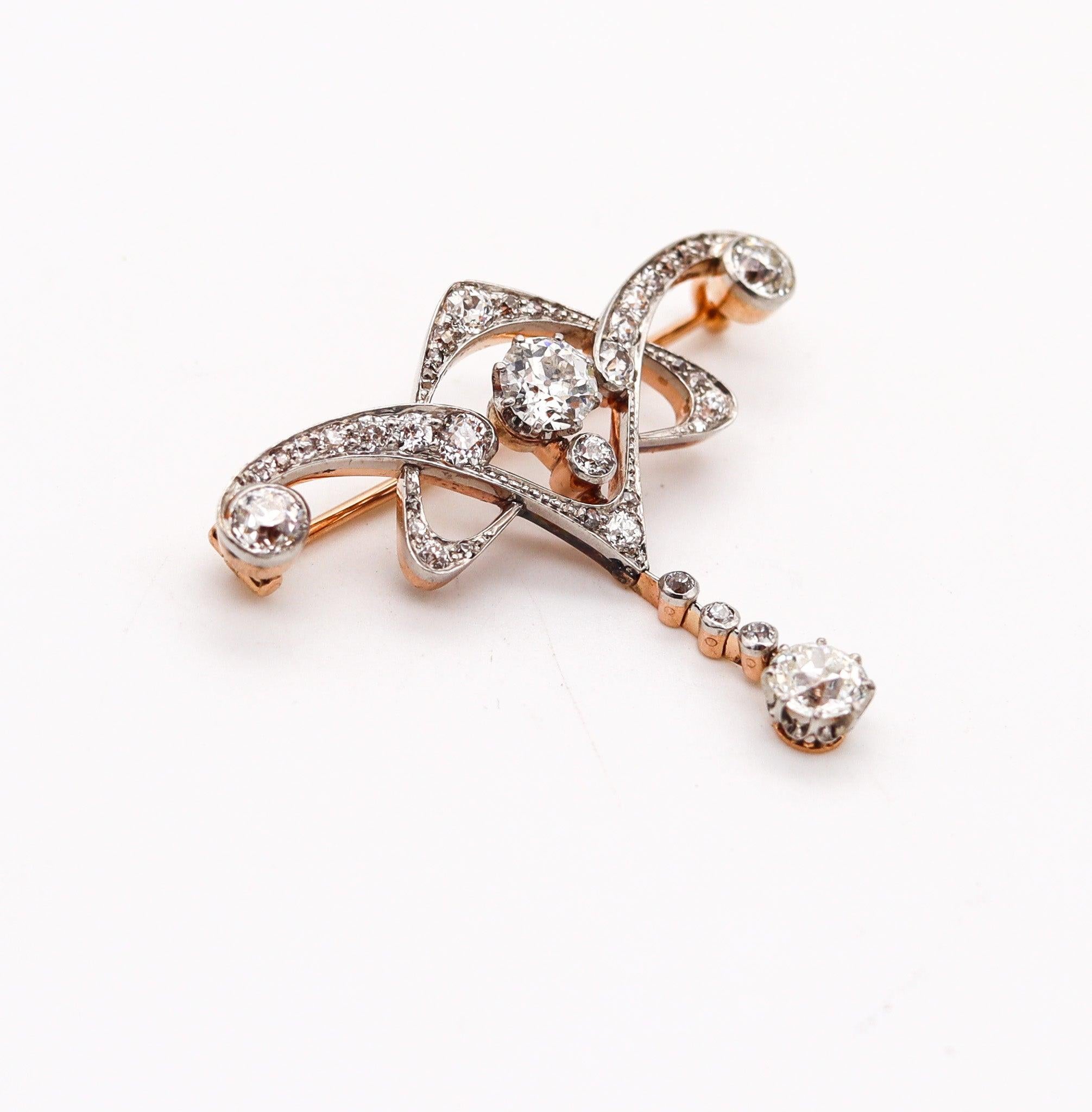 Belle Époque EDWARDIAN 1905 Belle Epoque Brooch 18Kt Gold And Platinum With 2.74 Ctw Diamonds For Sale