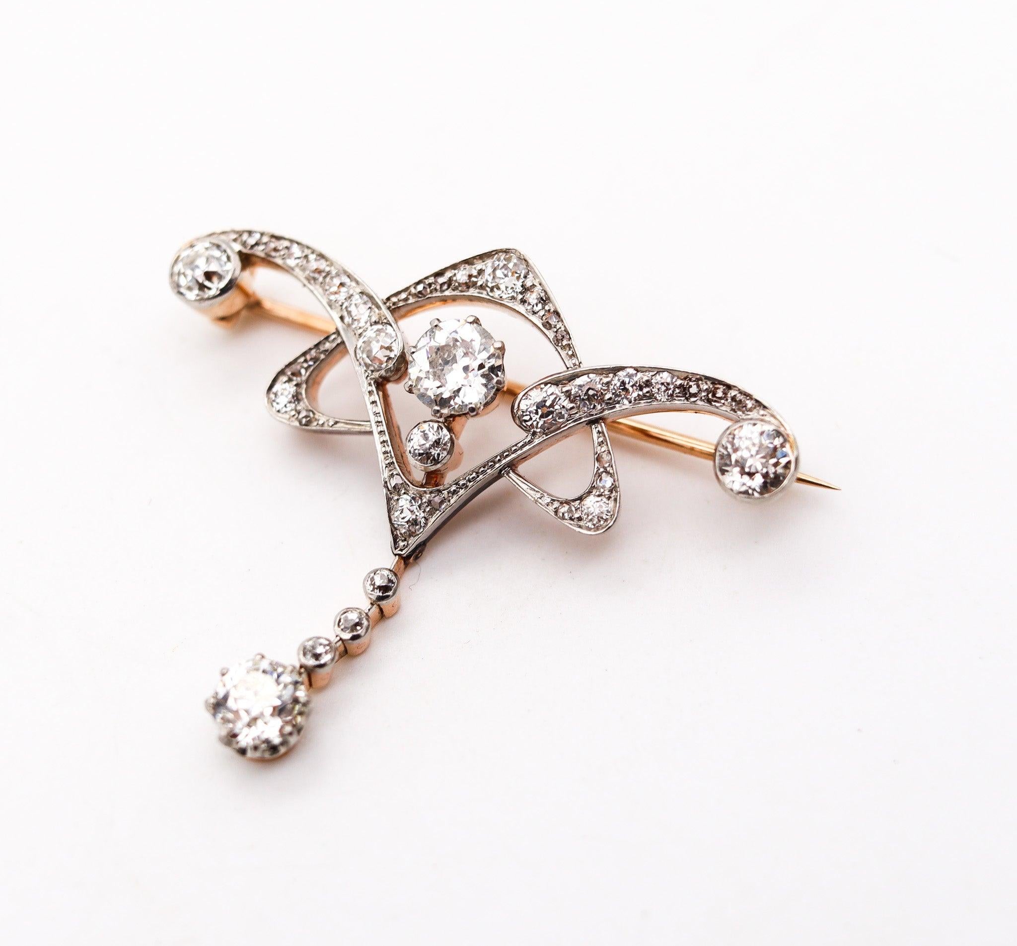 Old European Cut EDWARDIAN 1905 Belle Epoque Brooch 18Kt Gold And Platinum With 2.74 Ctw Diamonds For Sale