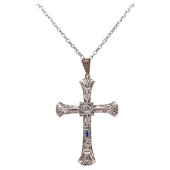 Antique Edwardian 1905 Belle Epoque Cross In 14Kt Gold With Diamond And Sapphire