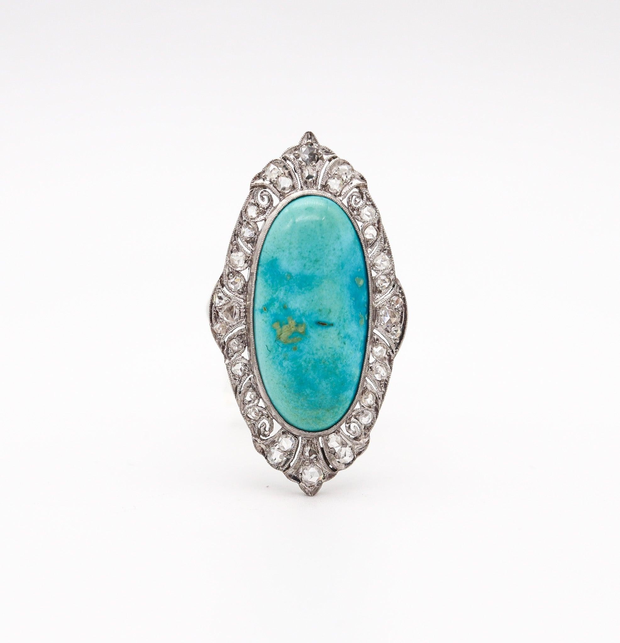 Edwardian EDWARDIAN 1905 Cocktail Ring In Platinum With 14.16 Ctw Turquoise & Diamonds For Sale