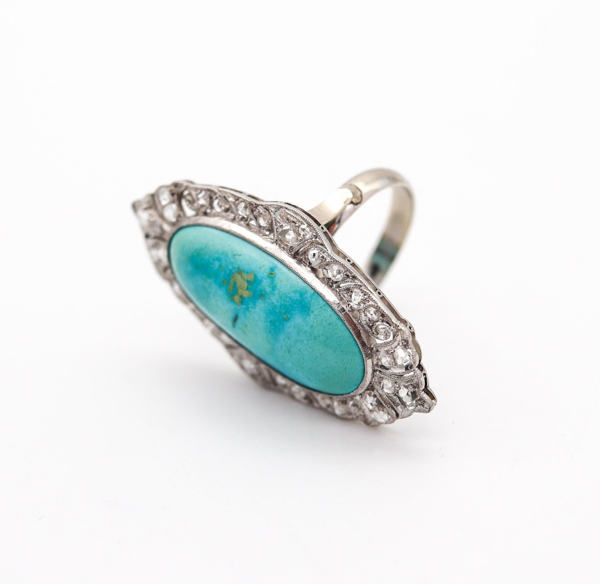 Cabochon EDWARDIAN 1905 Cocktail Ring In Platinum With 14.16 Ctw Turquoise & Diamonds For Sale