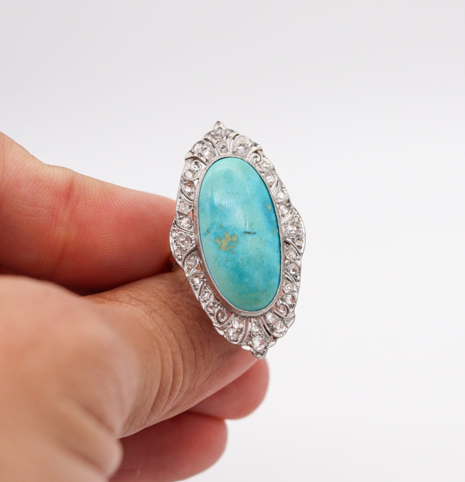 Women's EDWARDIAN 1905 Cocktail Ring In Platinum With 14.16 Ctw Turquoise & Diamonds For Sale