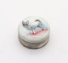 EDWARDIAN 1905 Enameled Dog Guilloche Round Pill Box in .900 Sterling Silver