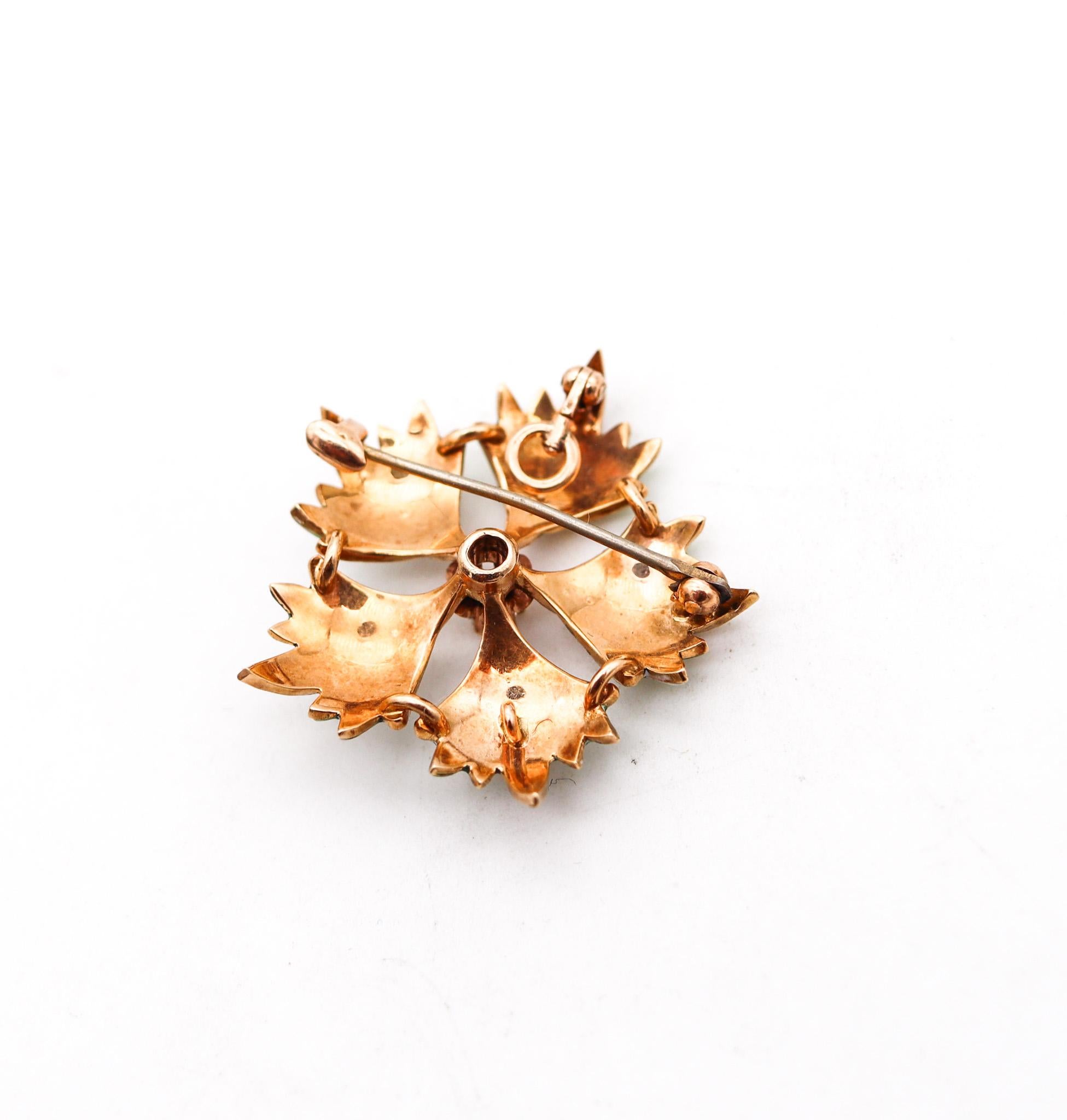 Old European Cut Edwardian 1905 Enameled Flower Pendant Brooch In 14Kt Gold With Diamond & Pearls For Sale