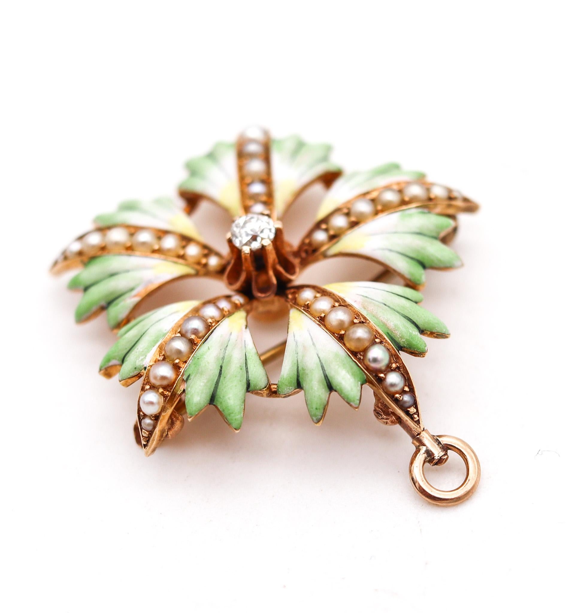 Edwardian 1905 Enameled Flower Pendant Brooch In 14Kt Gold With Diamond & Pearls In Excellent Condition For Sale In Miami, FL