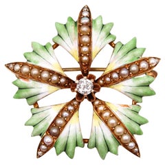 Antique Edwardian 1905 Enameled Flower Pendant Brooch In 14Kt Gold With Diamond & Pearls