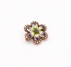 Edwardian 1905 Enameled Flower Pendant Brooch In 14Kt Yellow Gold With Pearls