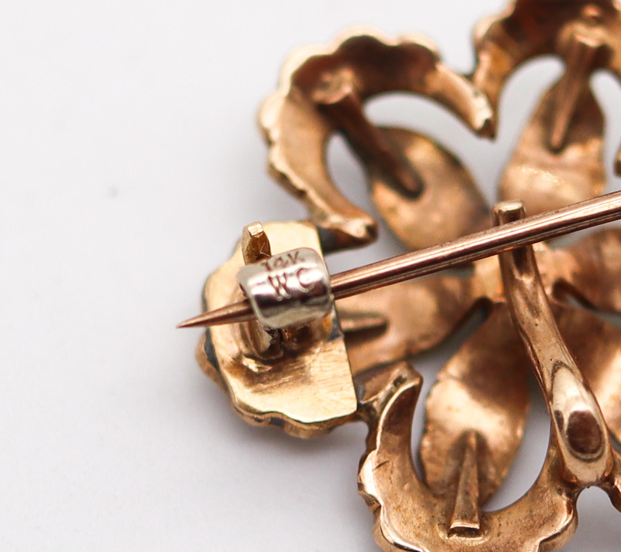 Taille mixte Broche pendentif édouardienne 1905 en or jaune 14 carats émaillé avec perles en vente
