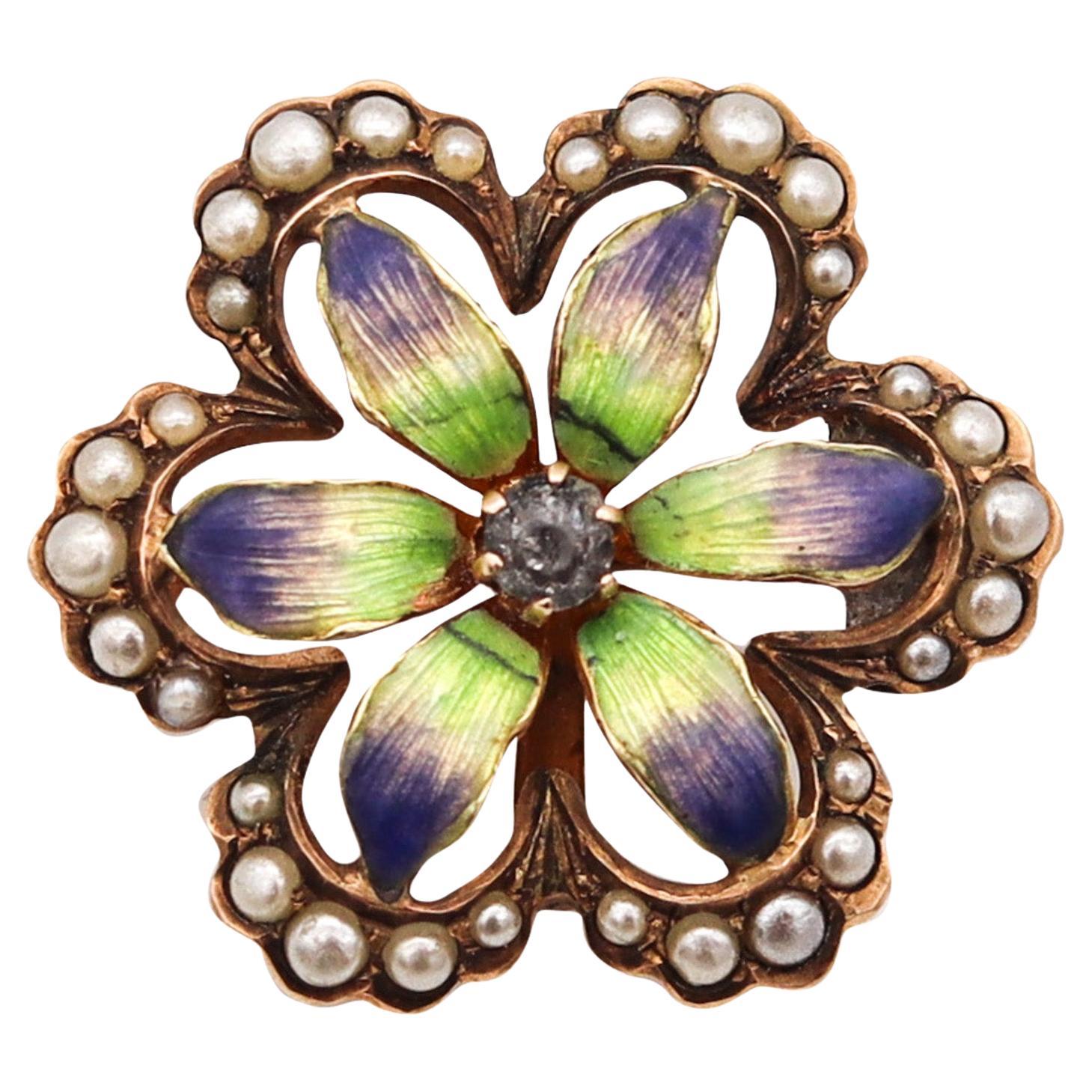 Edwardian 1905 Enameled Flower Pendant Brooch In 14Kt Yellow Gold With Pearls