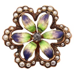 Antique Edwardian 1905 Enameled Flower Pendant Brooch In 14Kt Yellow Gold With Pearls