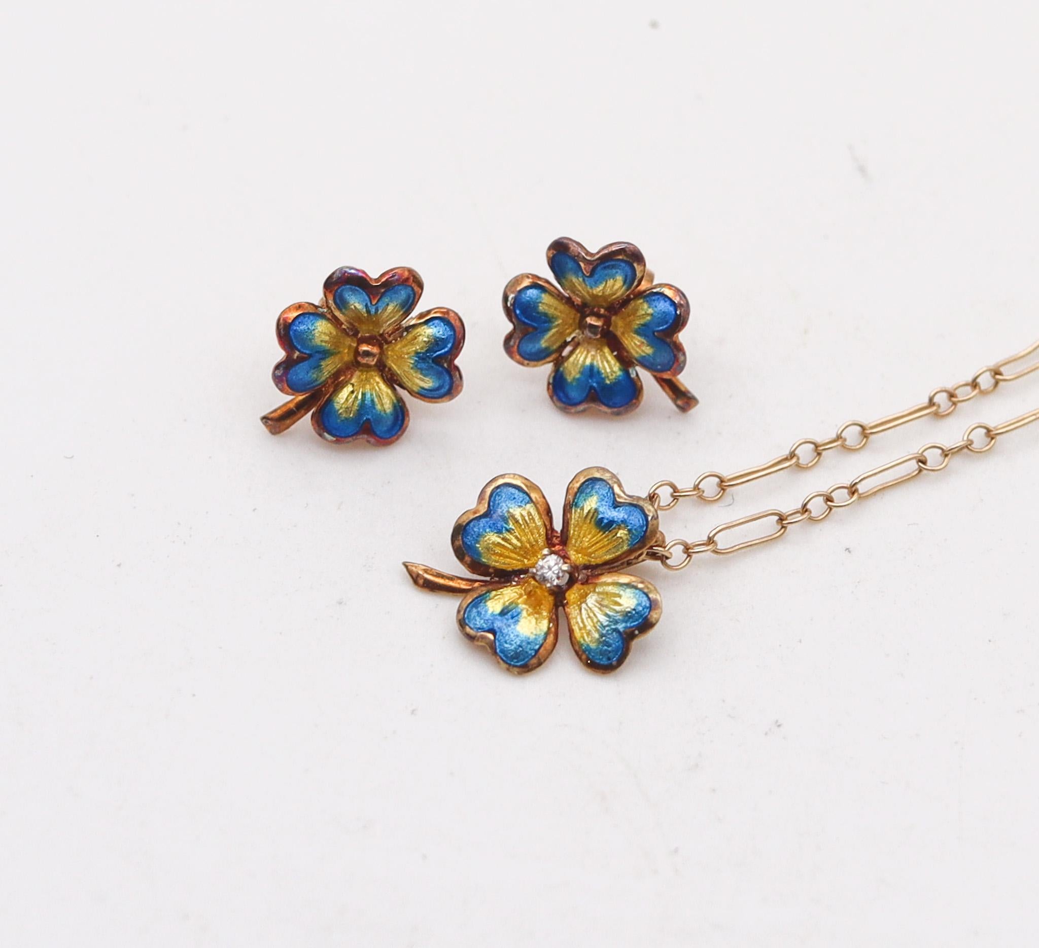 Brilliant Cut Edwardian 1905 Enameled Flowers Set Pendant And Stud Earrings In 14Kt Gold For Sale