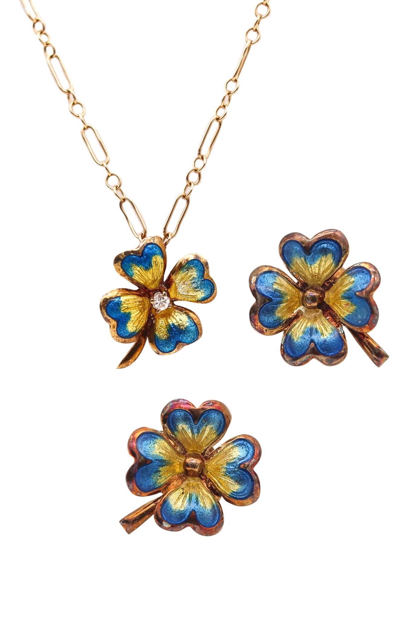 Edwardian 1905 Enameled Flowers Set Pendant And Stud Earrings In 14Kt Gold For Sale