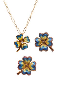 Antique Edwardian 1905 Enameled Flowers Set Pendant And Stud Earrings In 14Kt Gold