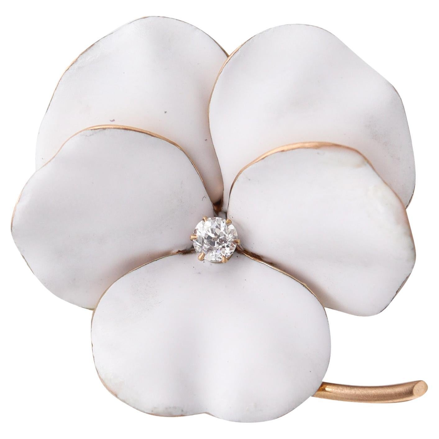 EDWARDIAN 1905 Emaillierte weiße Stiefmütterchen Anhänger-Brosche in 14Kt Gold mit Diamant