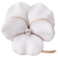 EDWARDIAN 1905 Emaillierte weiße Stiefmütterchen Anhänger-Brosche in 14Kt Gold mit Diamant